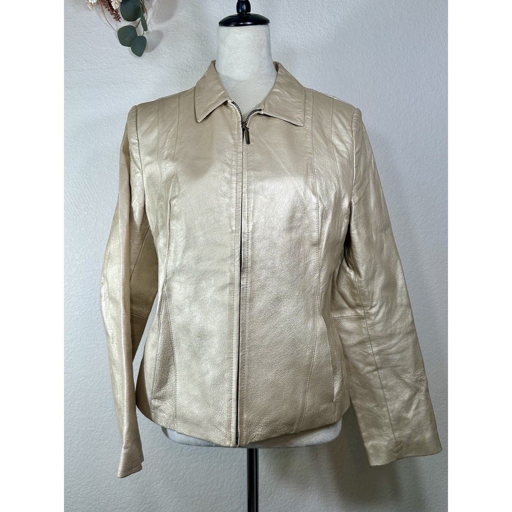 John Paul Richard Womens Metallic Champagne Gold Leather Jacket Medium Slim Zip